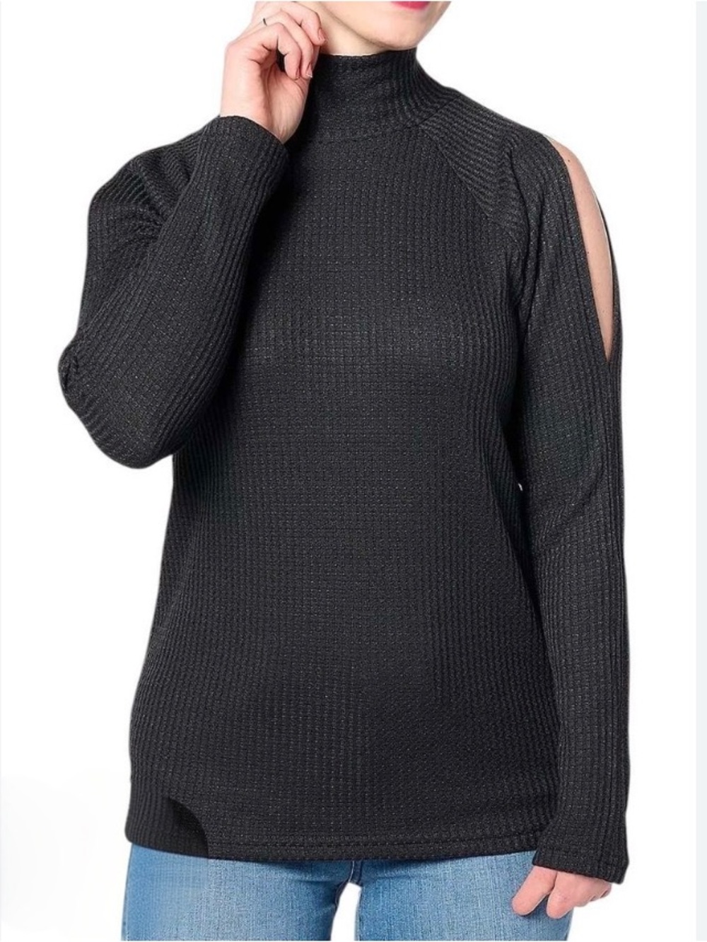 New Attitudes by Renee Women’s Black Slit Shoulder Ribbed Tunic Top / XL